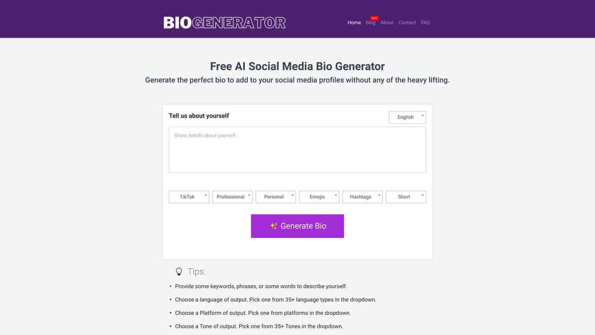 Social Media Bio Generator screenshot 1