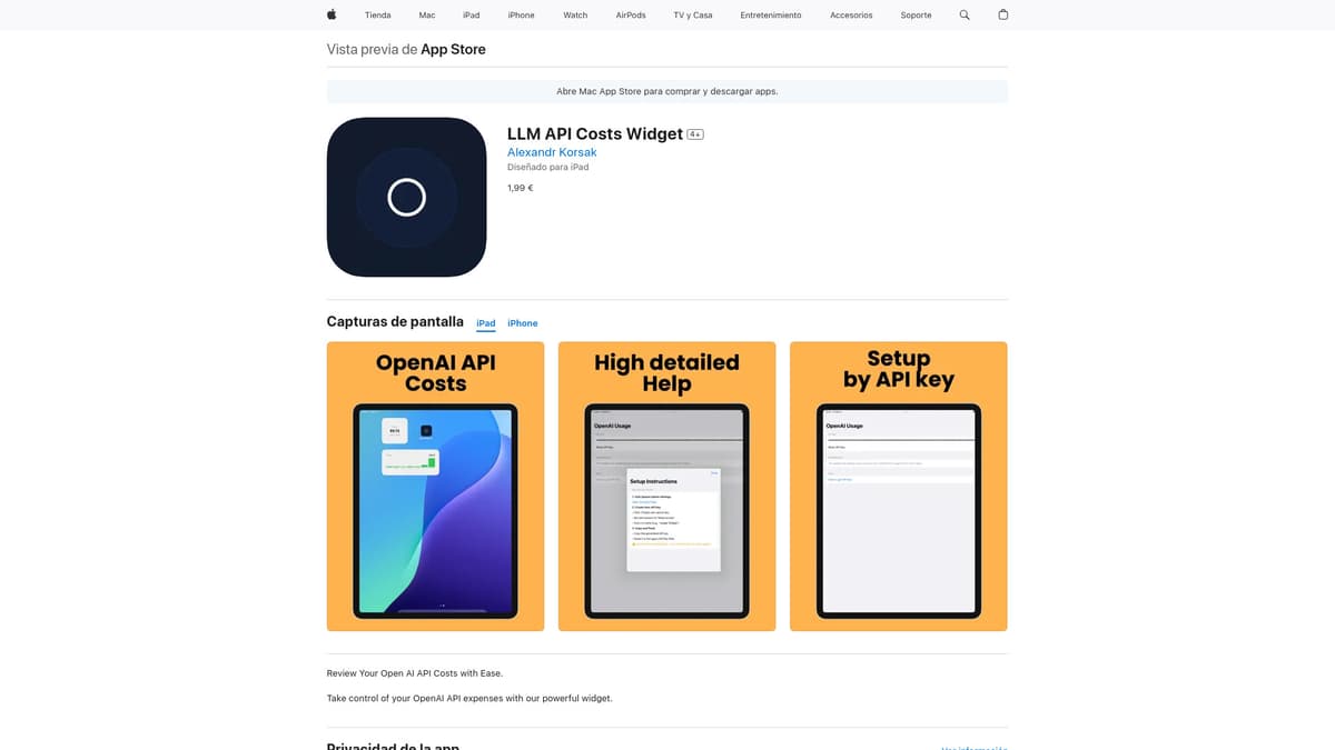 LLM API Costs Widget screenshot 1