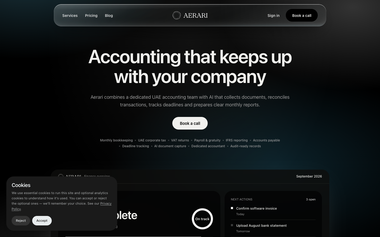 Aerari homepage screenshot