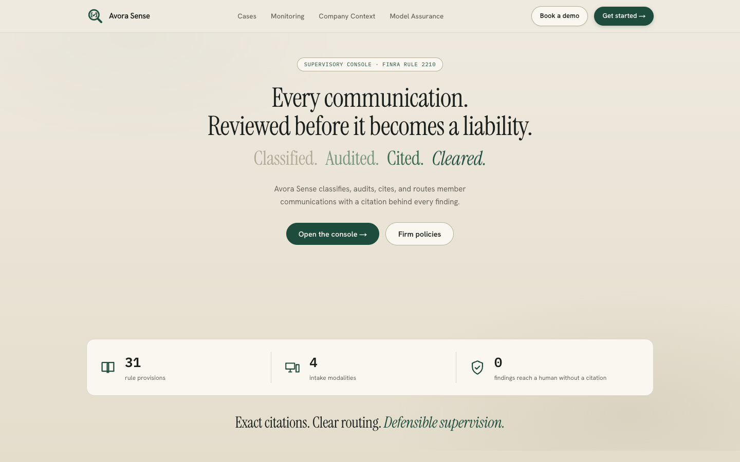 Avora Sense homepage screenshot