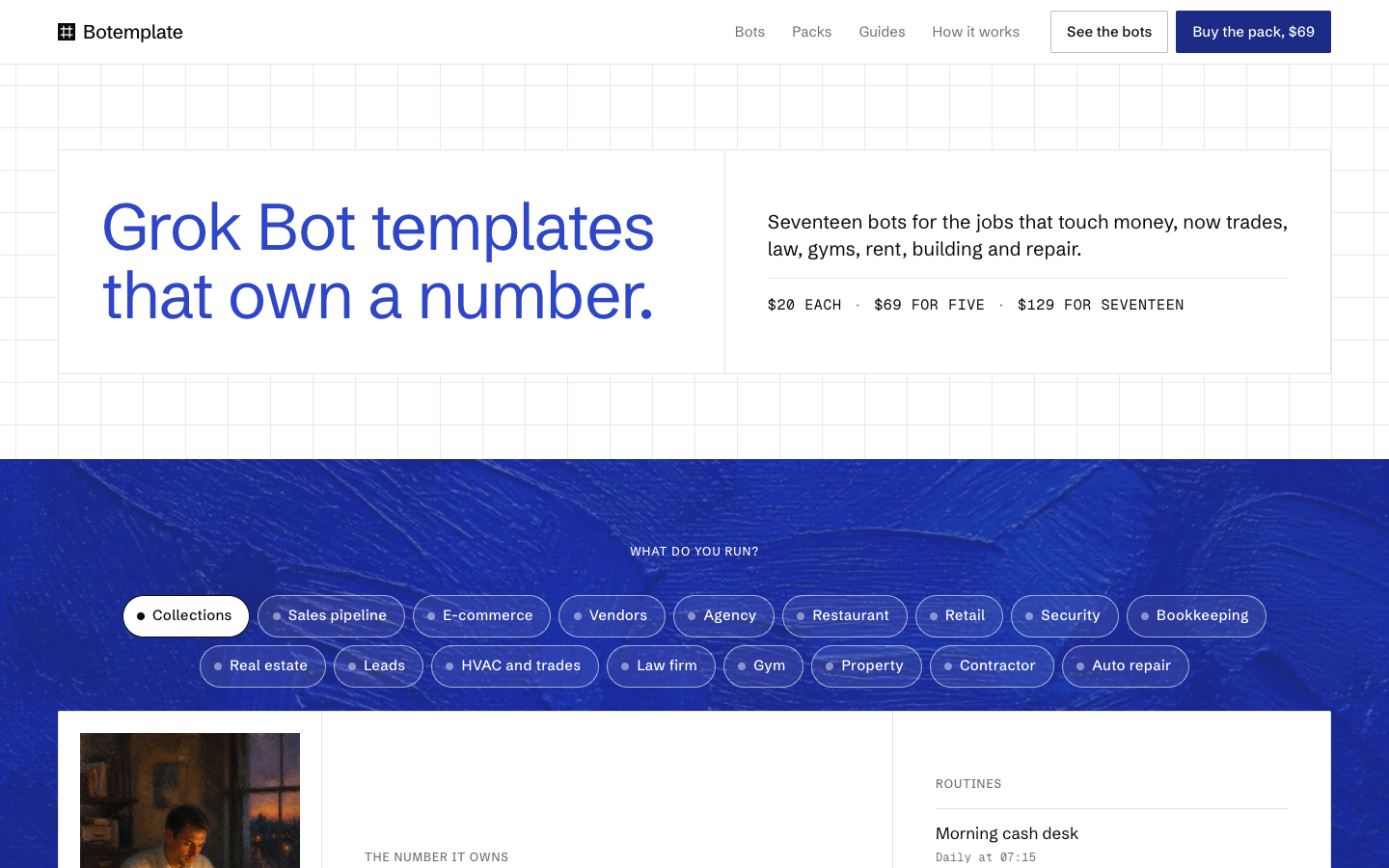 Grok Bot templates that own a number homepage screenshot