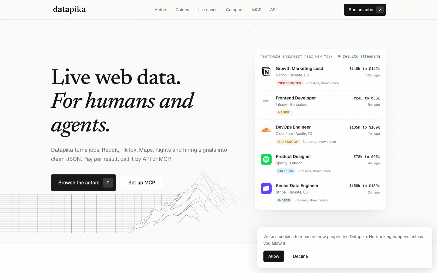 Datapika: Live Web Data for Humans and AI Agents landing_page
