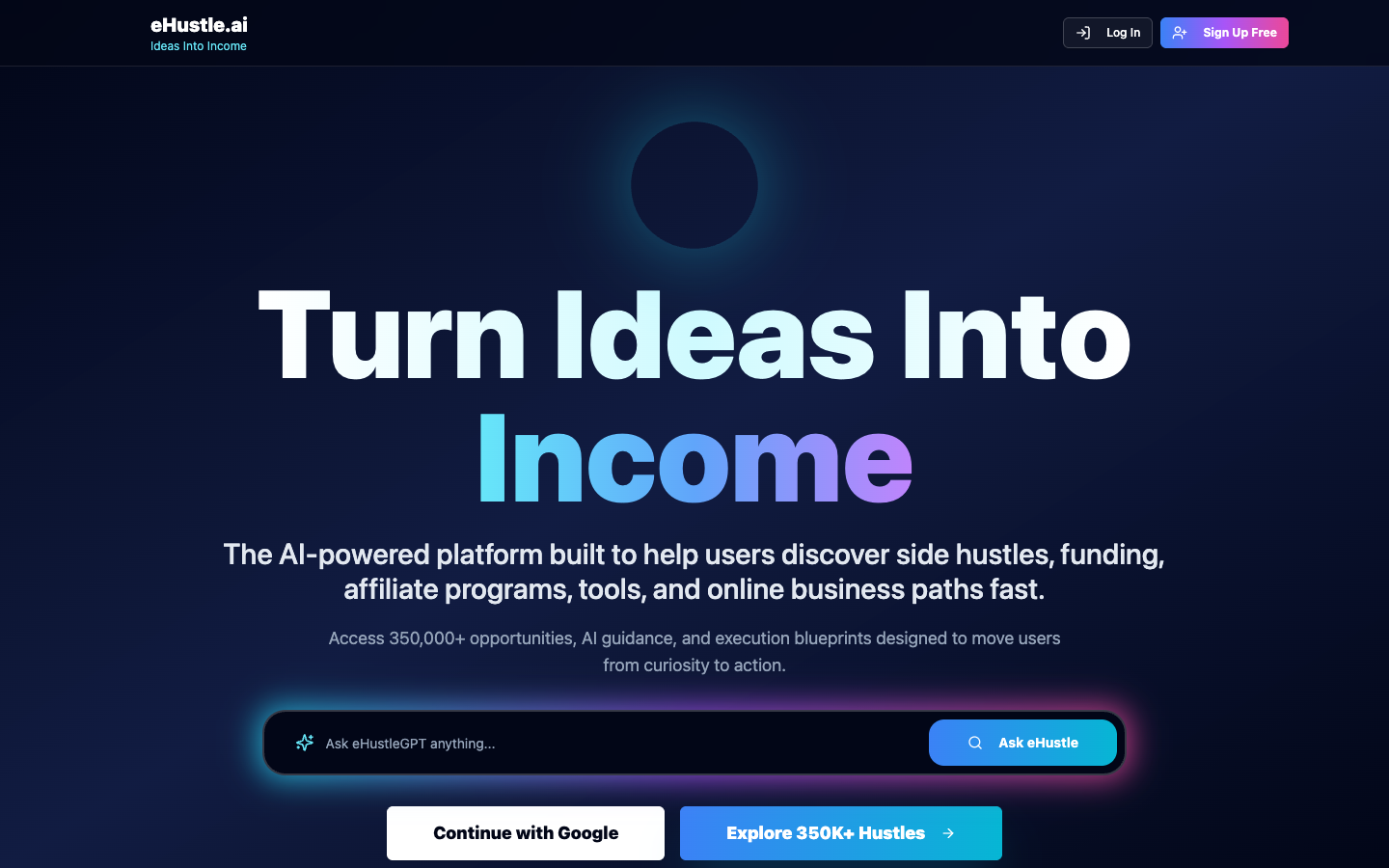 eHustle.ai homepage screenshot
