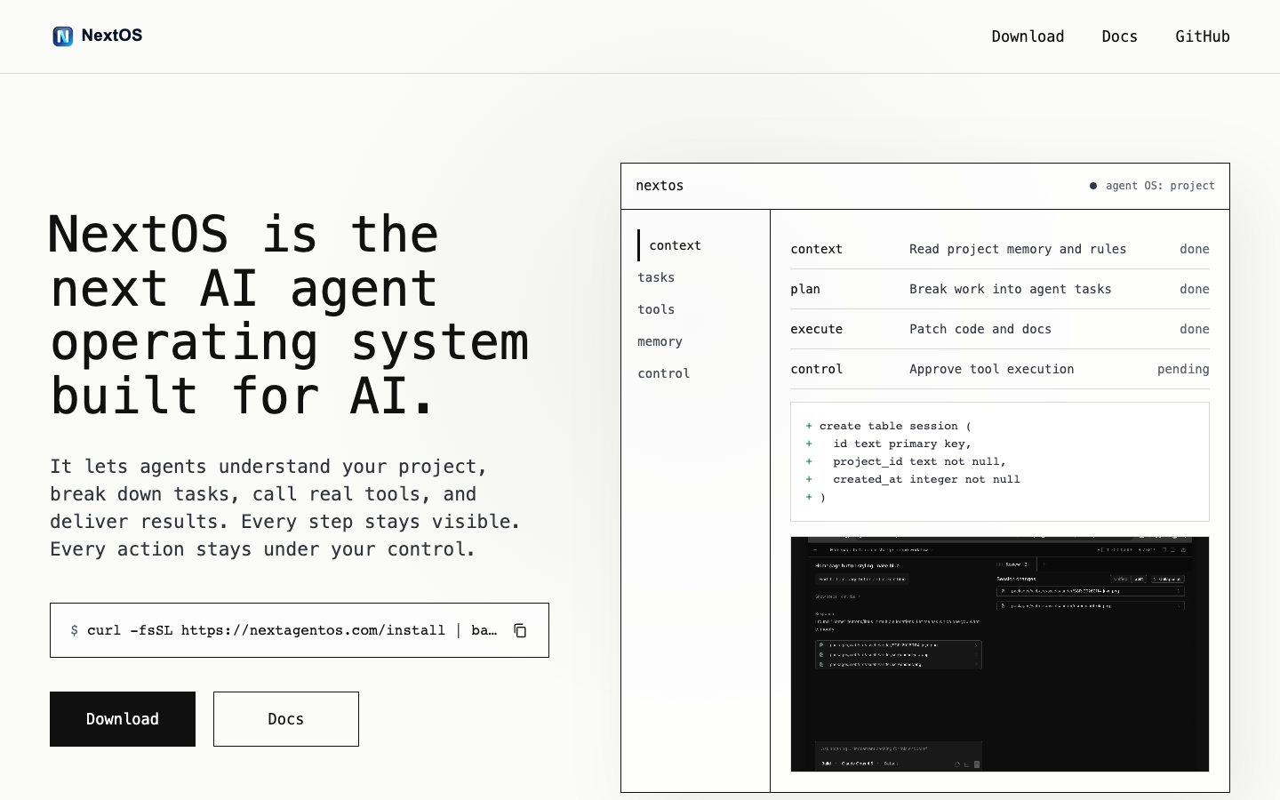 NextOS homepage screenshot