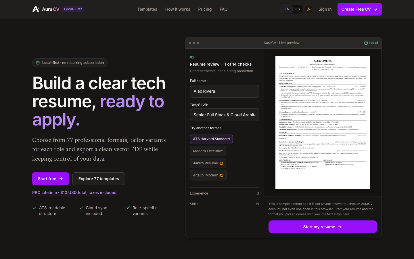 AuraCV homepage screenshot