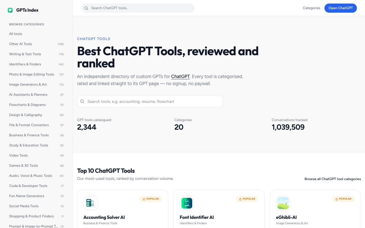 GPTs Index homepage screenshot