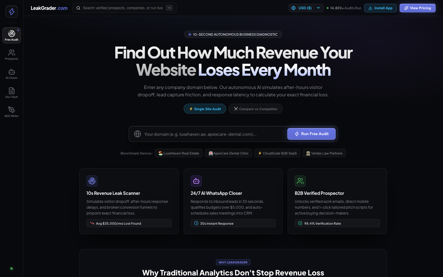 LeakGrader homepage screenshot