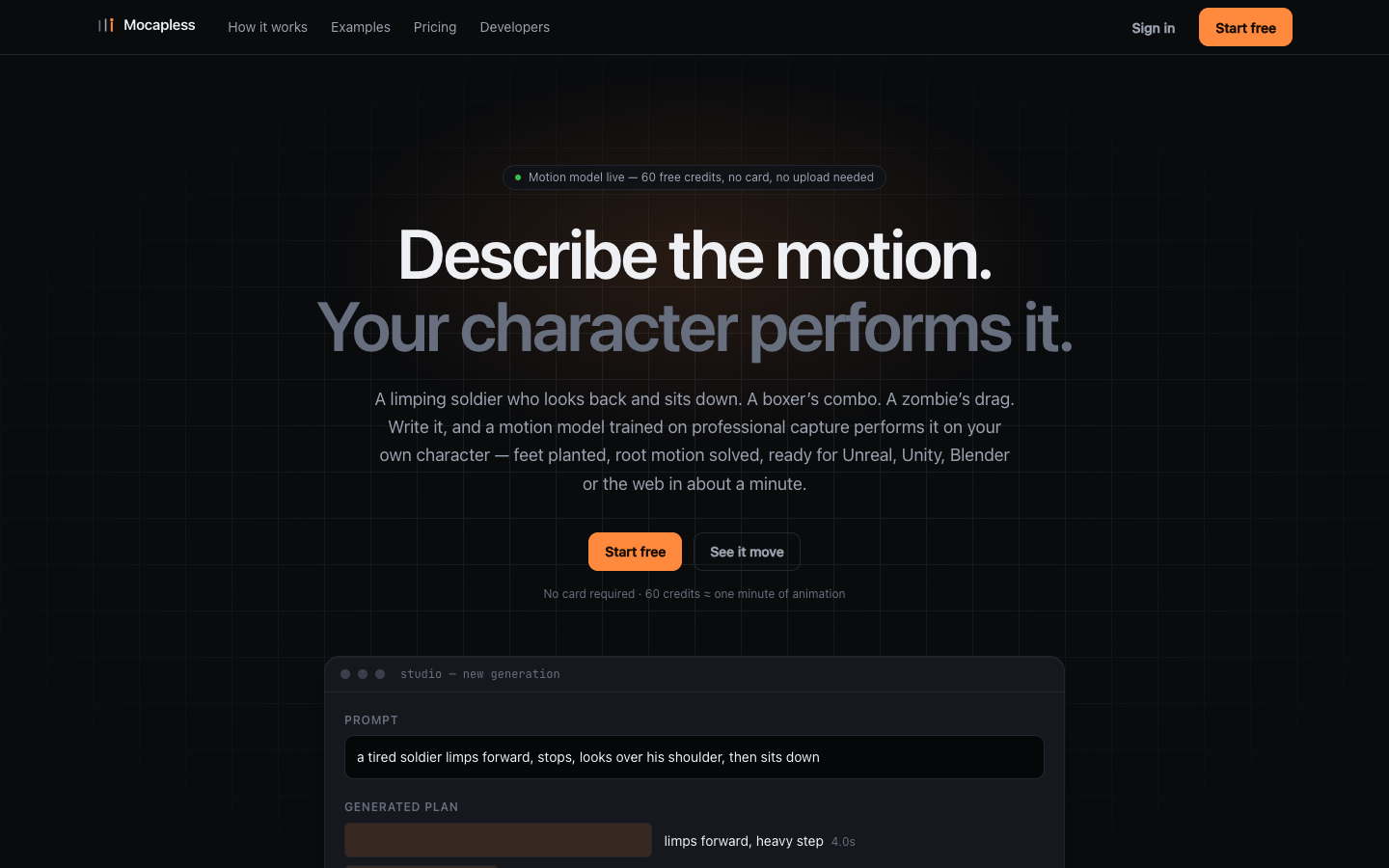 Mocapless homepage screenshot