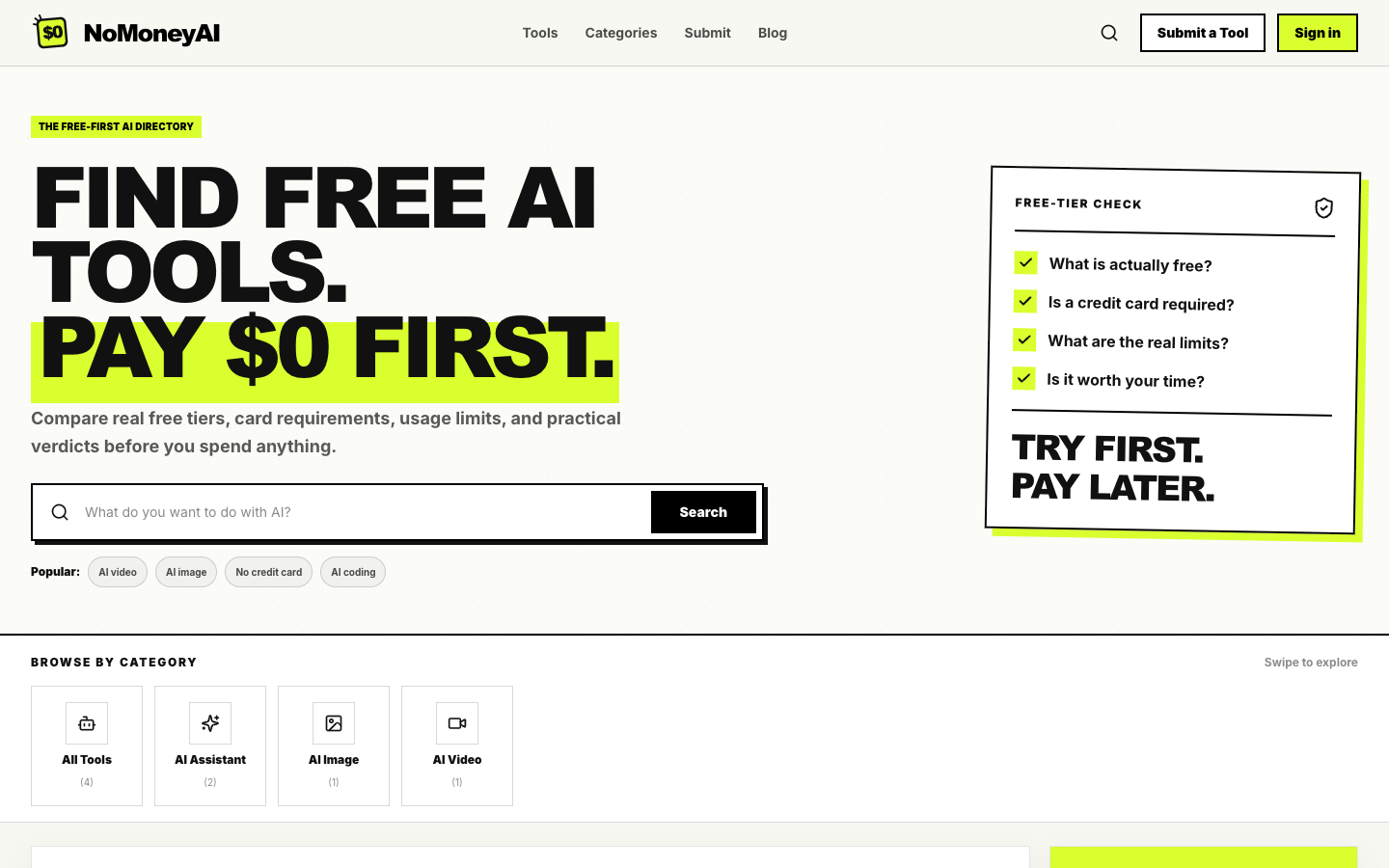 NoMoneyAI homepage screenshot