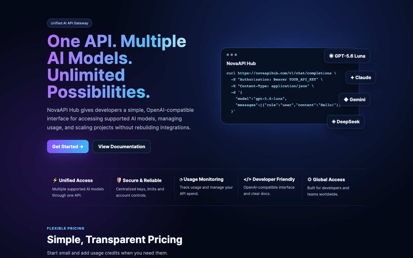 NovaAPI Hub homepage screenshot