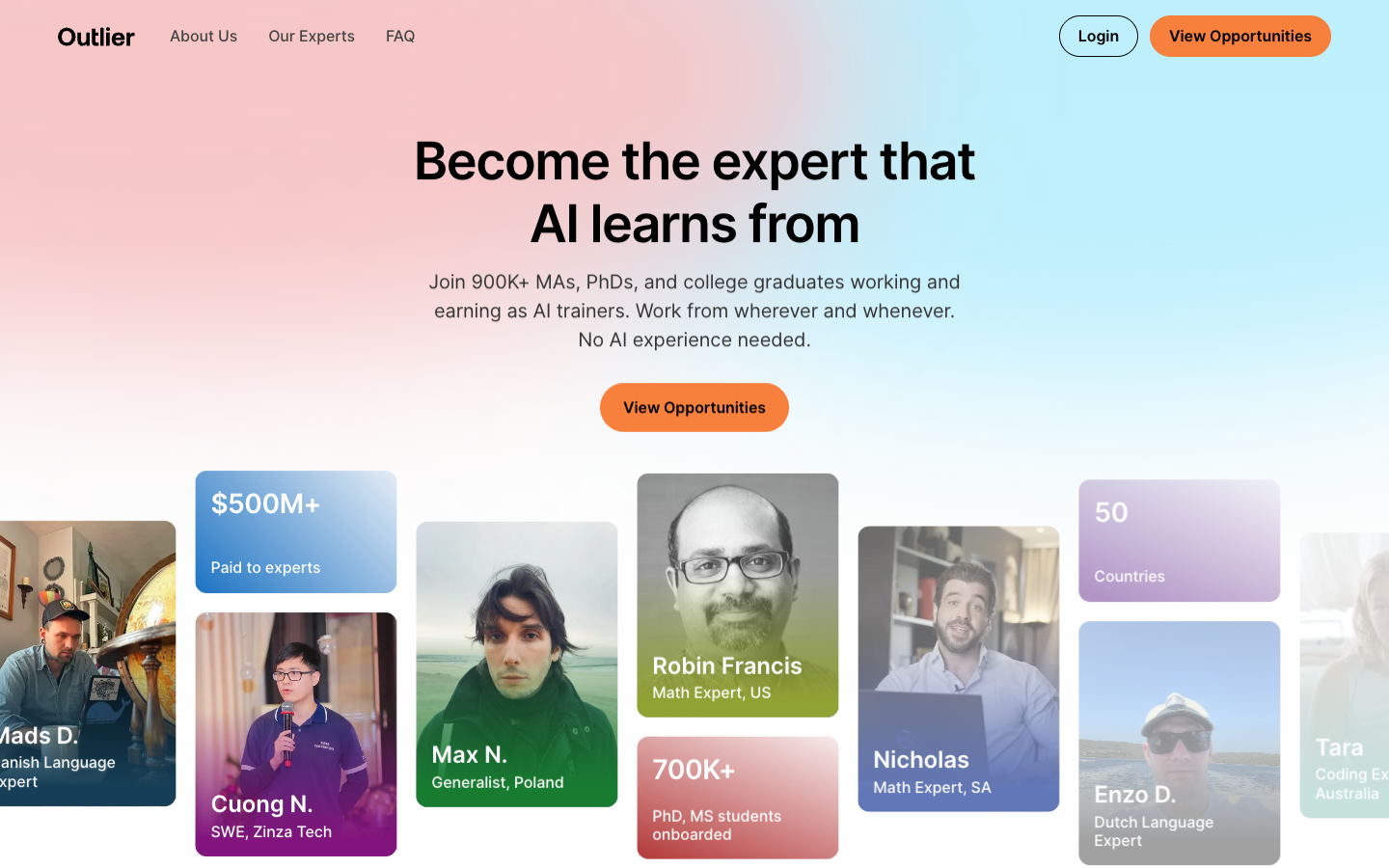 Outlier homepage screenshot
