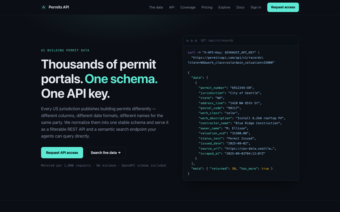 Permits API homepage screenshot