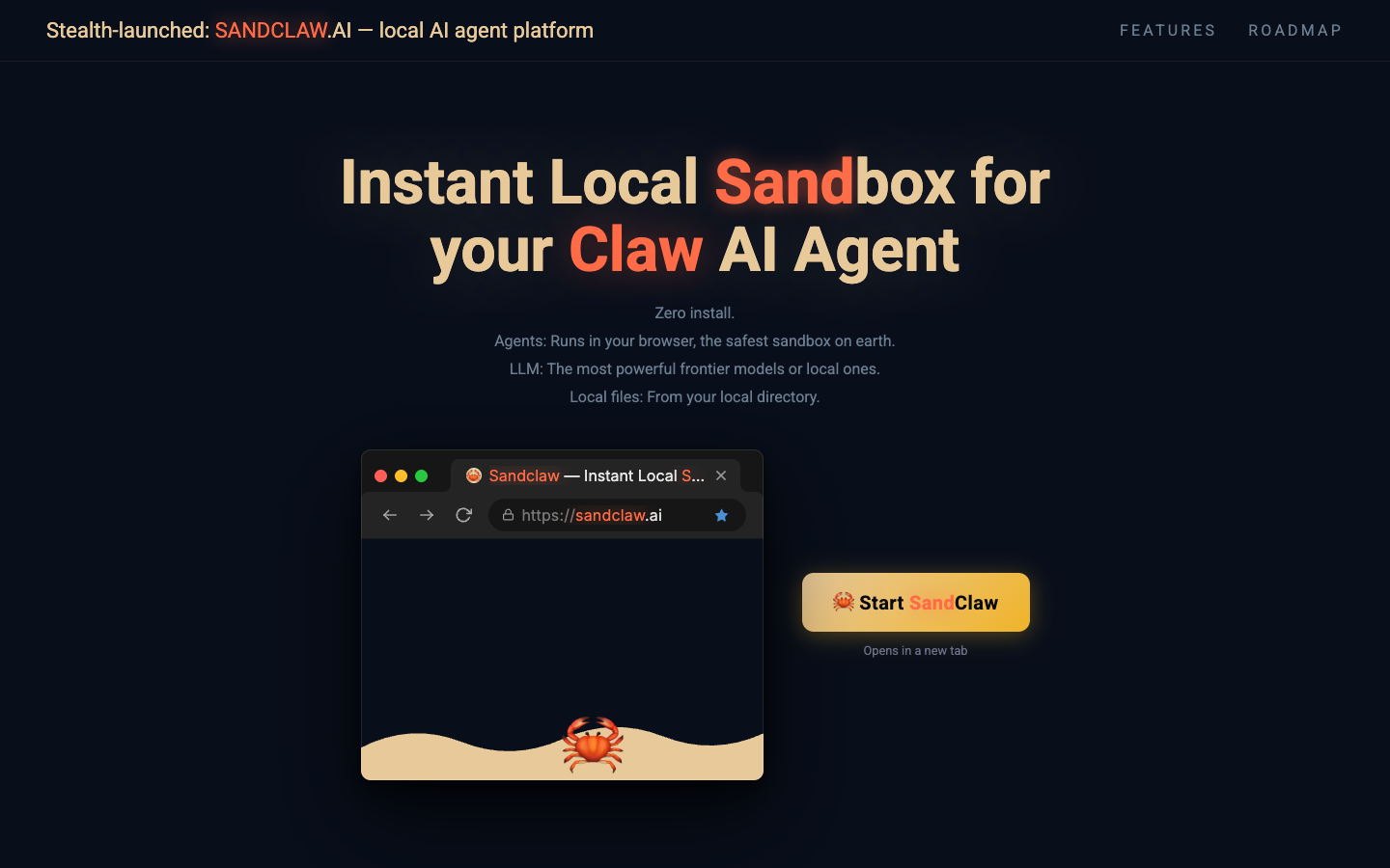 SandClaw homepage screenshot