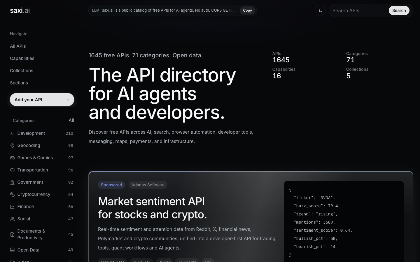 Saxi homepage screenshot