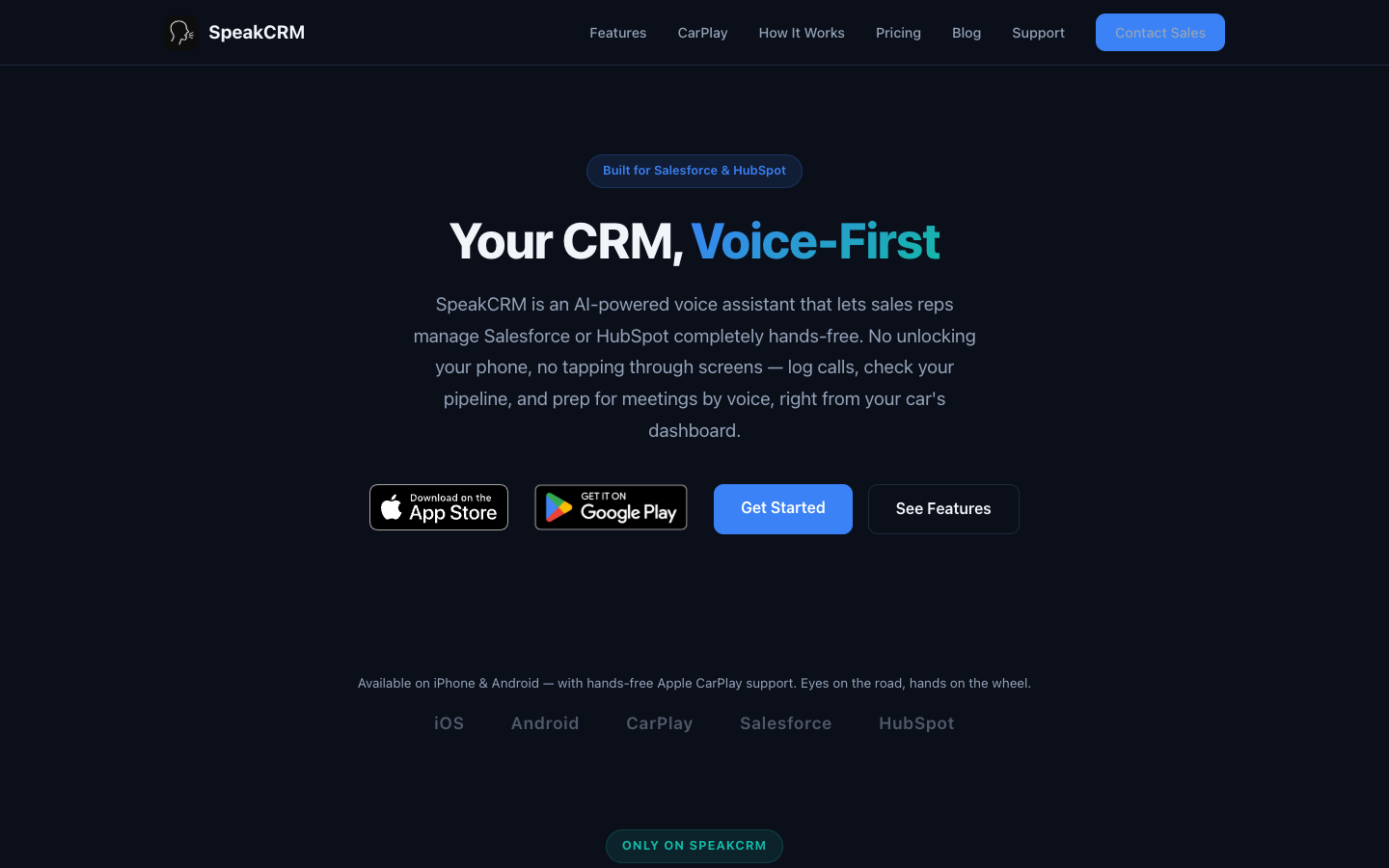 SpeakCRM homepage screenshot