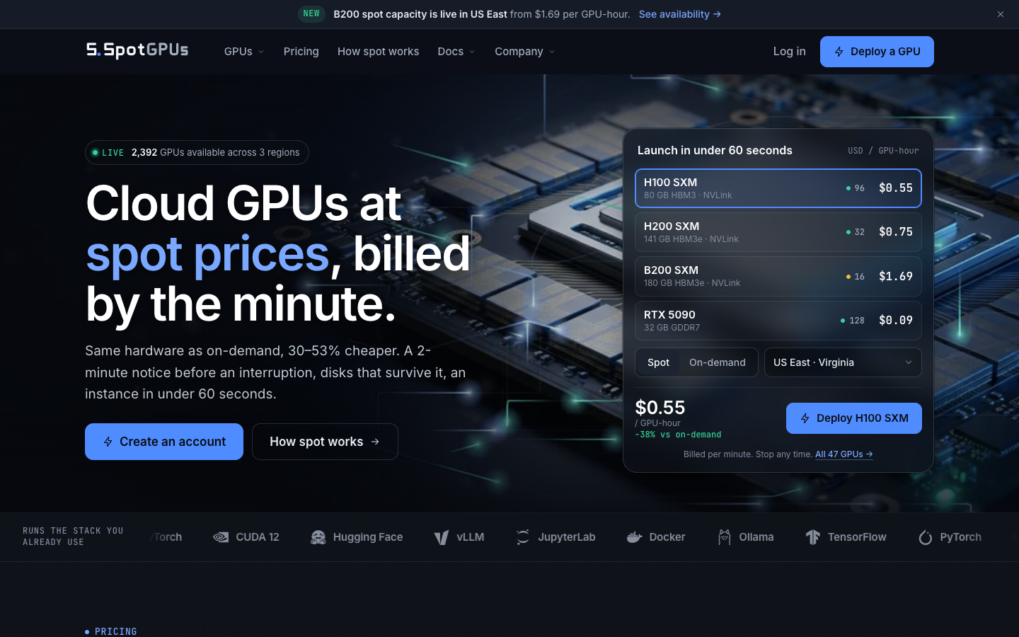 SpotGPUs homepage screenshot