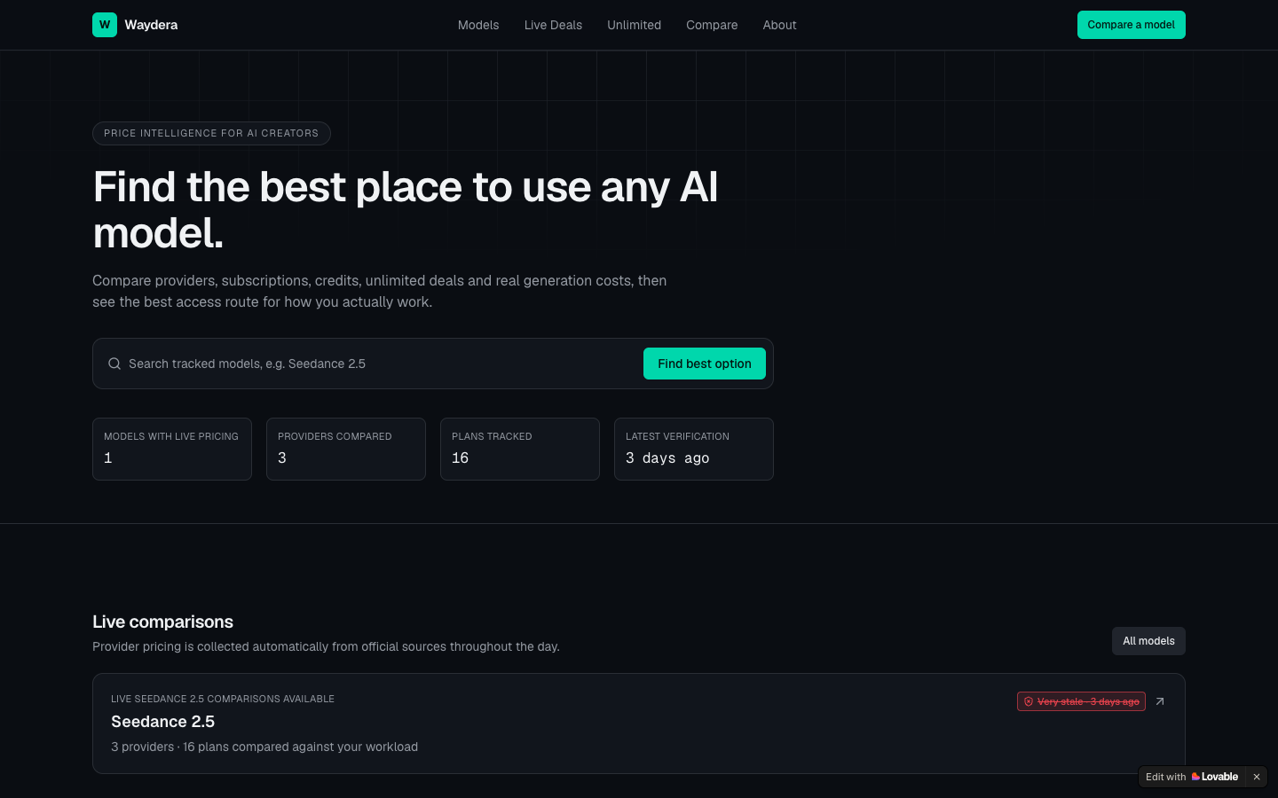 Waydera homepage screenshot